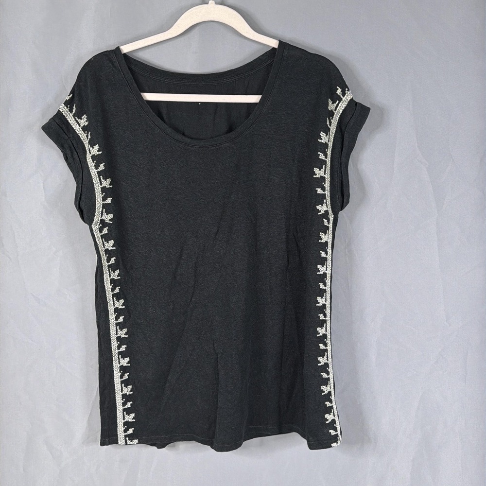Garnet Hill Top Womens Medium Black Organic Linen Knit Embroidered Cap Sleeve